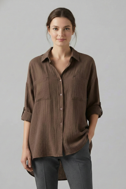 Aubrielle | Stylish Long Plain Blouse with Collar and Button Fastening