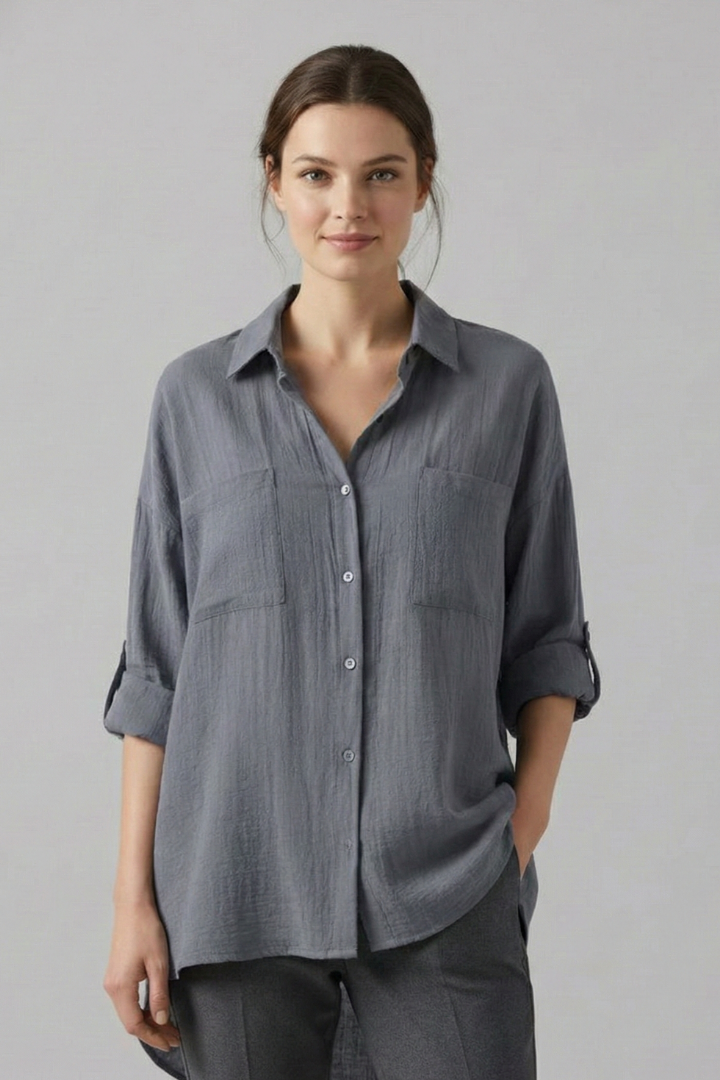 Aubrielle | Stylish Long Plain Blouse with Collar and Button Fastening