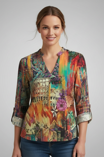 Felicia | Women's Geometric Bohemian Blouse with V-Neckline Style
