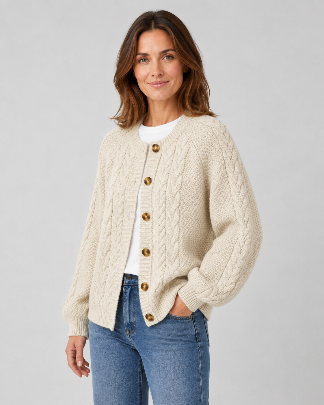 Women's Cable Knit Cardigan - Button Front Relaxed Fit