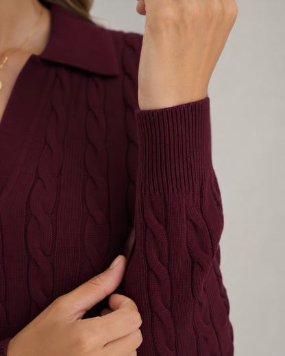Women's Cable Knit Polo Sweater - Collared Knit Pullover