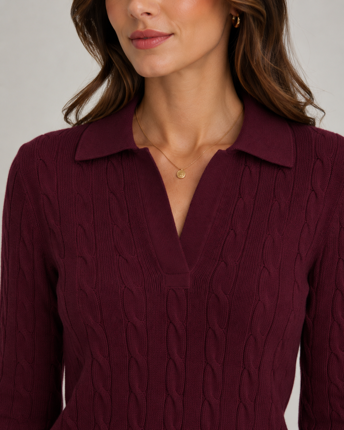 Women's Cable Knit Polo Sweater - Collared Knit Pullover