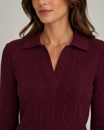 Women's Cable Knit Polo Sweater - Collared Knit Pullover