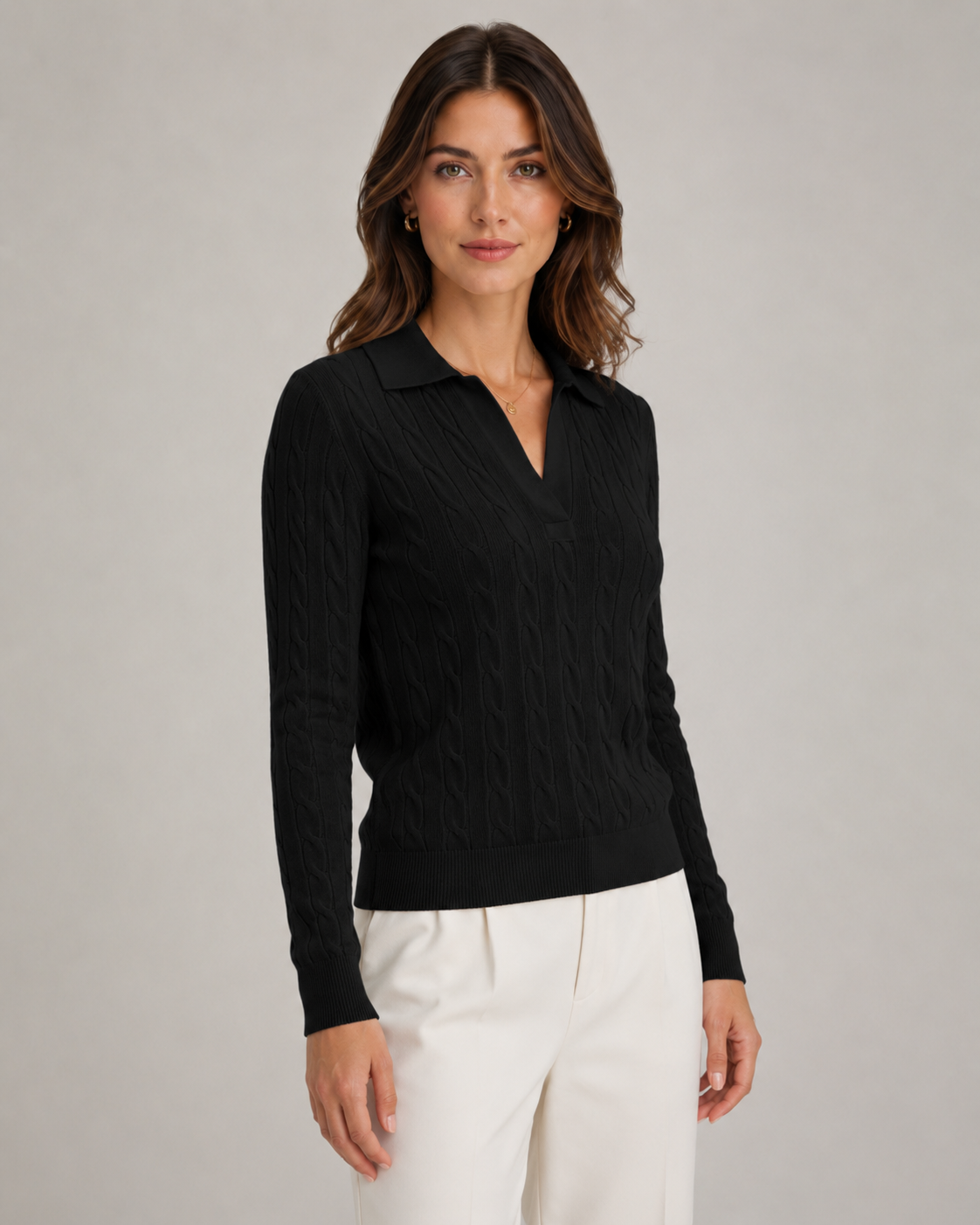 Women's Cable Knit Polo Sweater - Collared Knit Pullover