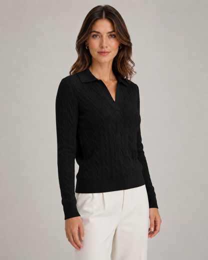 Women's Cable Knit Polo Sweater - Collared Knit Pullover
