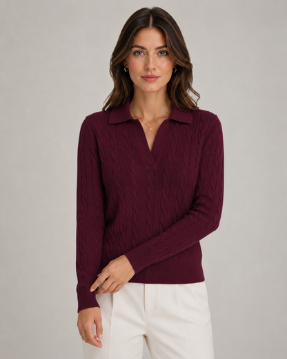 Women's Cable Knit Polo Sweater - Collared Knit Pullover