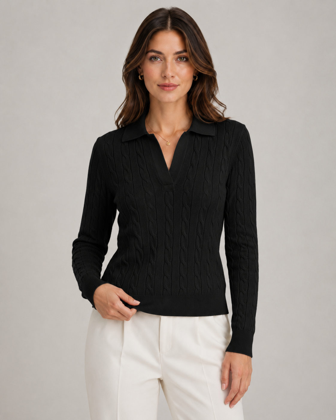 Women's Cable Knit Polo Sweater - Collared Knit Pullover