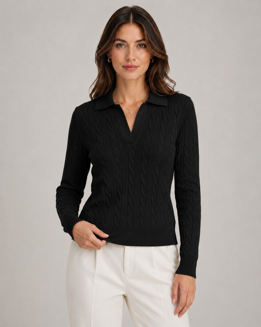Women's Cable Knit Polo Sweater - Collared Knit Pullover