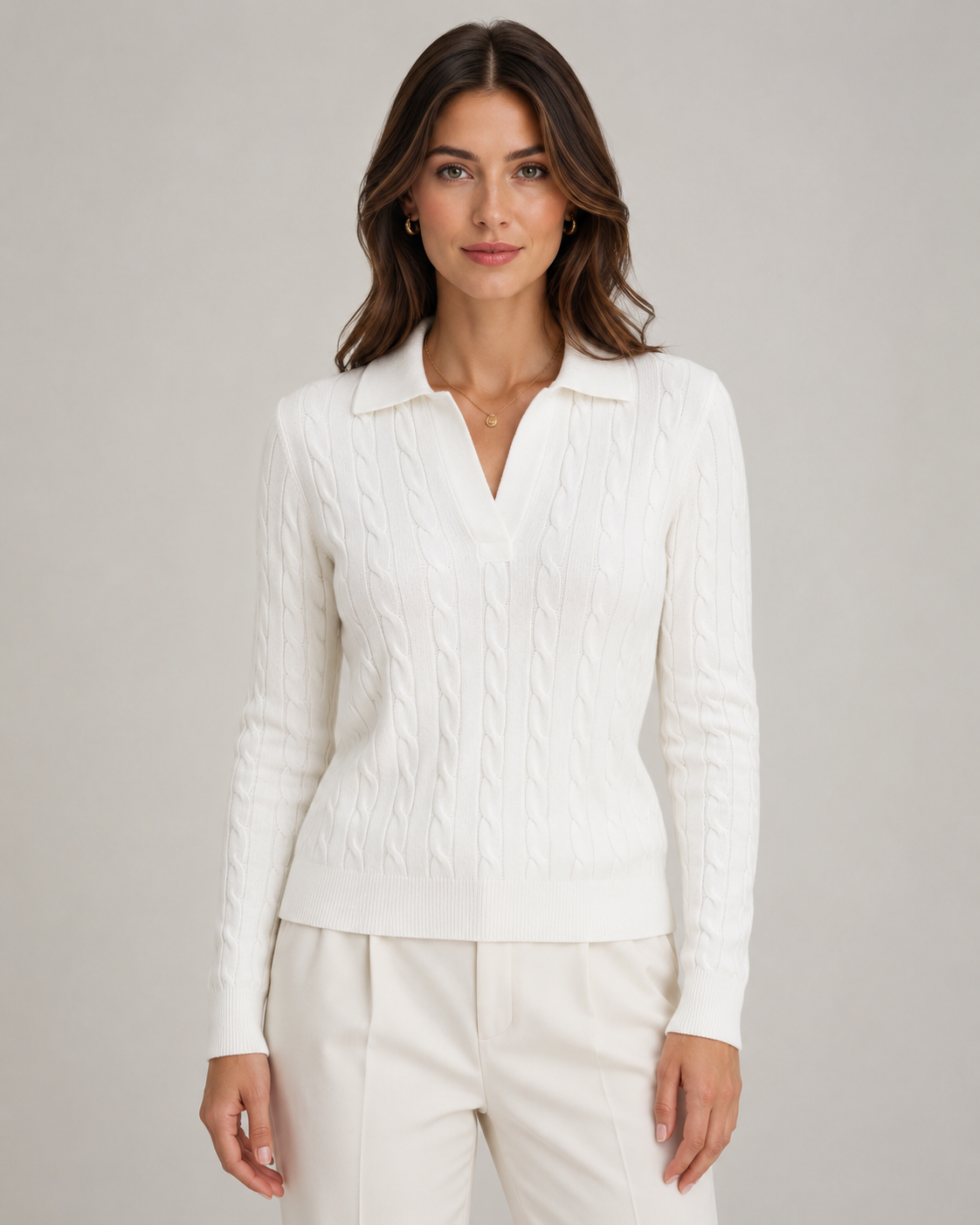 Women's Cable Knit Polo Sweater - Collared Knit Pullover
