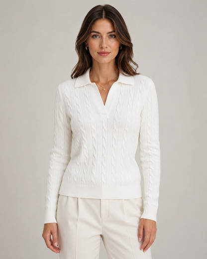 Women's Cable Knit Polo Sweater - Collared Knit Pullover