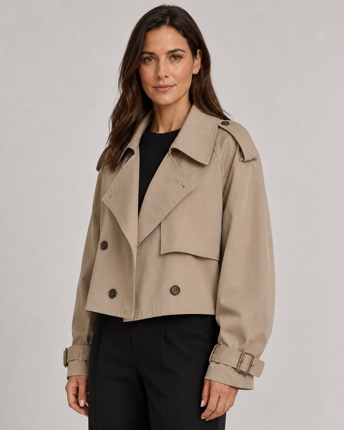 Women's Cropped Trench Coat - Double Breasted Belted Jacket