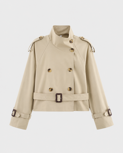 Women's Cropped Trench Coat - Double Breasted Funnel Neck