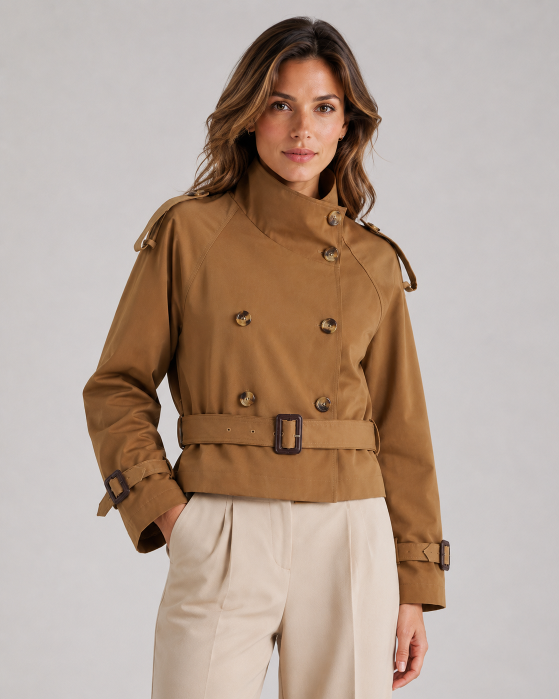 Women's Cropped Trench Coat - Double Breasted Funnel Neck