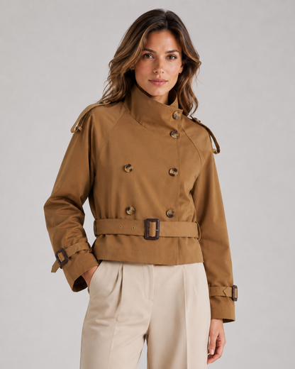 Women's Cropped Trench Coat - Double Breasted Funnel Neck