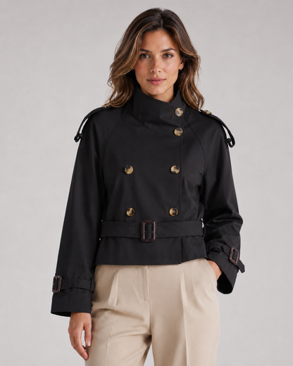 Women's Cropped Trench Coat - Double Breasted Funnel Neck