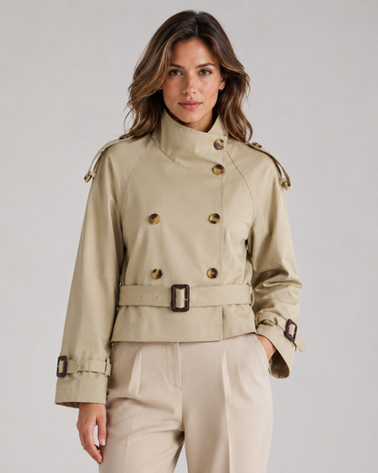 Women's Cropped Trench Coat - Double Breasted Funnel Neck