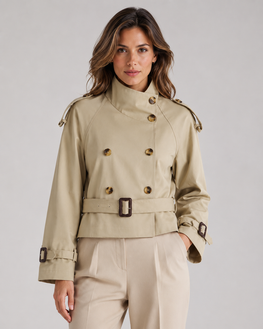 Women's Cropped Trench Coat - Double Breasted Funnel Neck