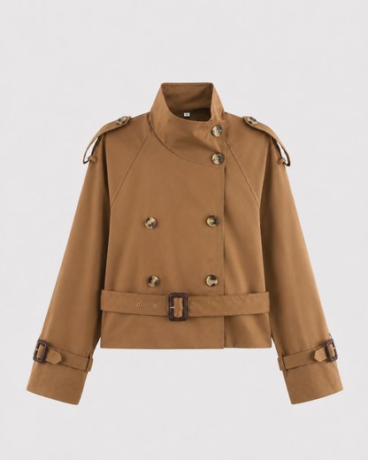 Women's Cropped Trench Coat - Double Breasted Funnel Neck