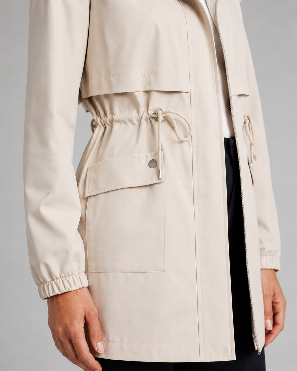 Women's Trench Coat - Hooded Drawstring Waist Zip Jacket