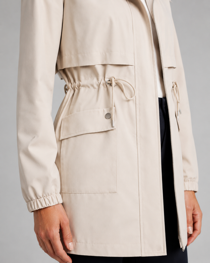 Women's Trench Coat - Hooded Drawstring Waist Zip Jacket