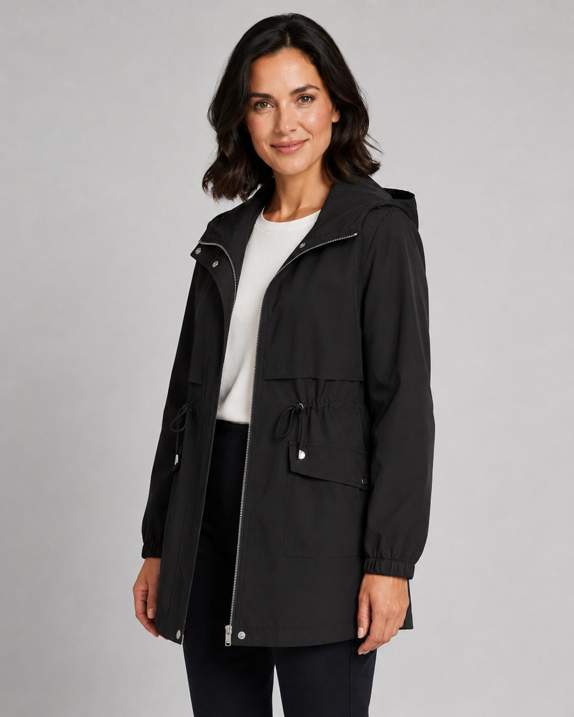 Women's Trench Coat - Hooded Drawstring Waist Zip Jacket