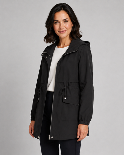 Women's Trench Coat - Hooded Drawstring Waist Zip Jacket