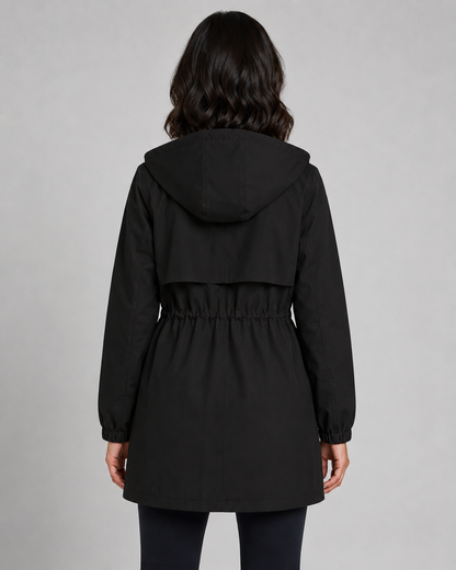 Women's Trench Coat - Hooded Drawstring Waist Zip Jacket