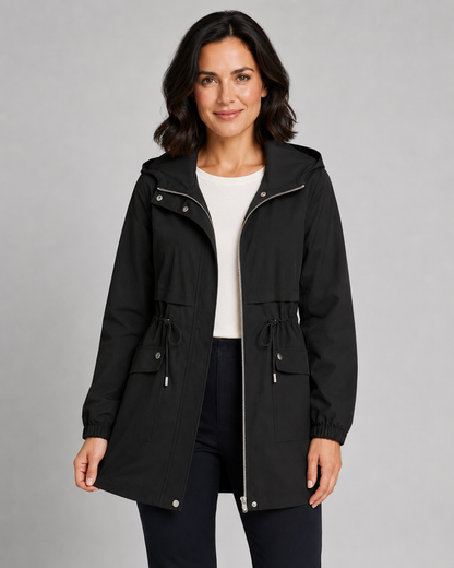 Women's Trench Coat - Hooded Drawstring Waist Zip Jacket