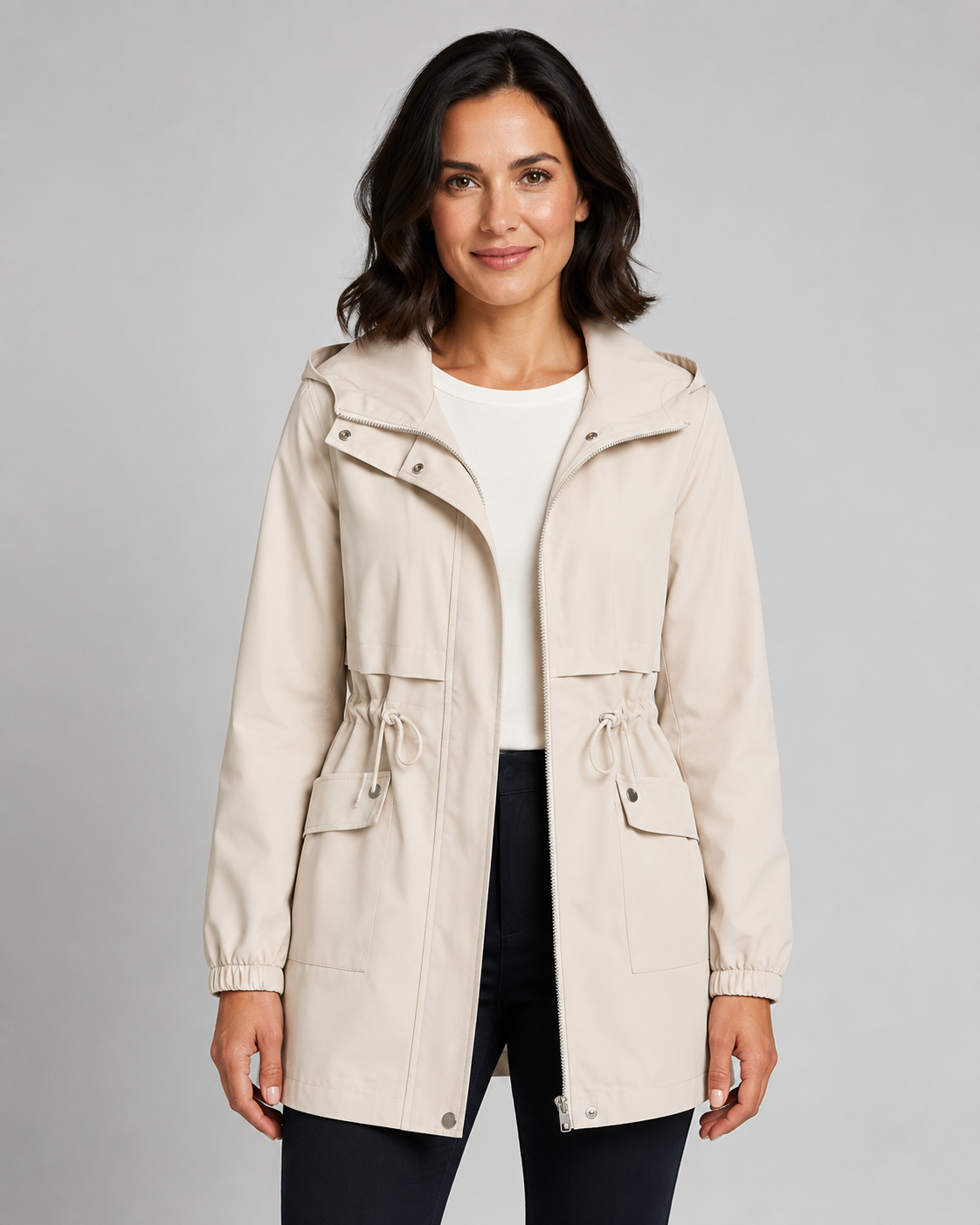 Women's Trench Coat - Hooded Drawstring Waist Zip Jacket