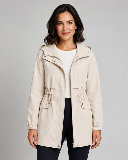 Women's Trench Coat - Hooded Drawstring Waist Zip Jacket