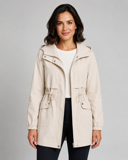 Women's Trench Coat - Hooded Drawstring Waist Zip Jacket