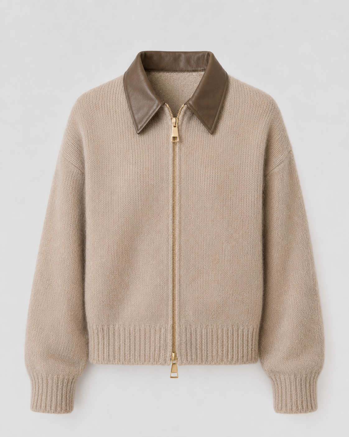 Women's Zip Cardigan - Knit Sweater with Leather Collar