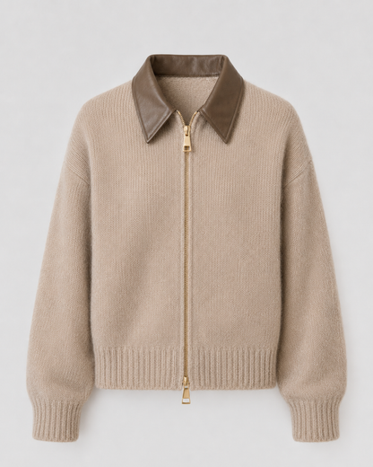 Women's Zip Cardigan - Knit Sweater with Leather Collar