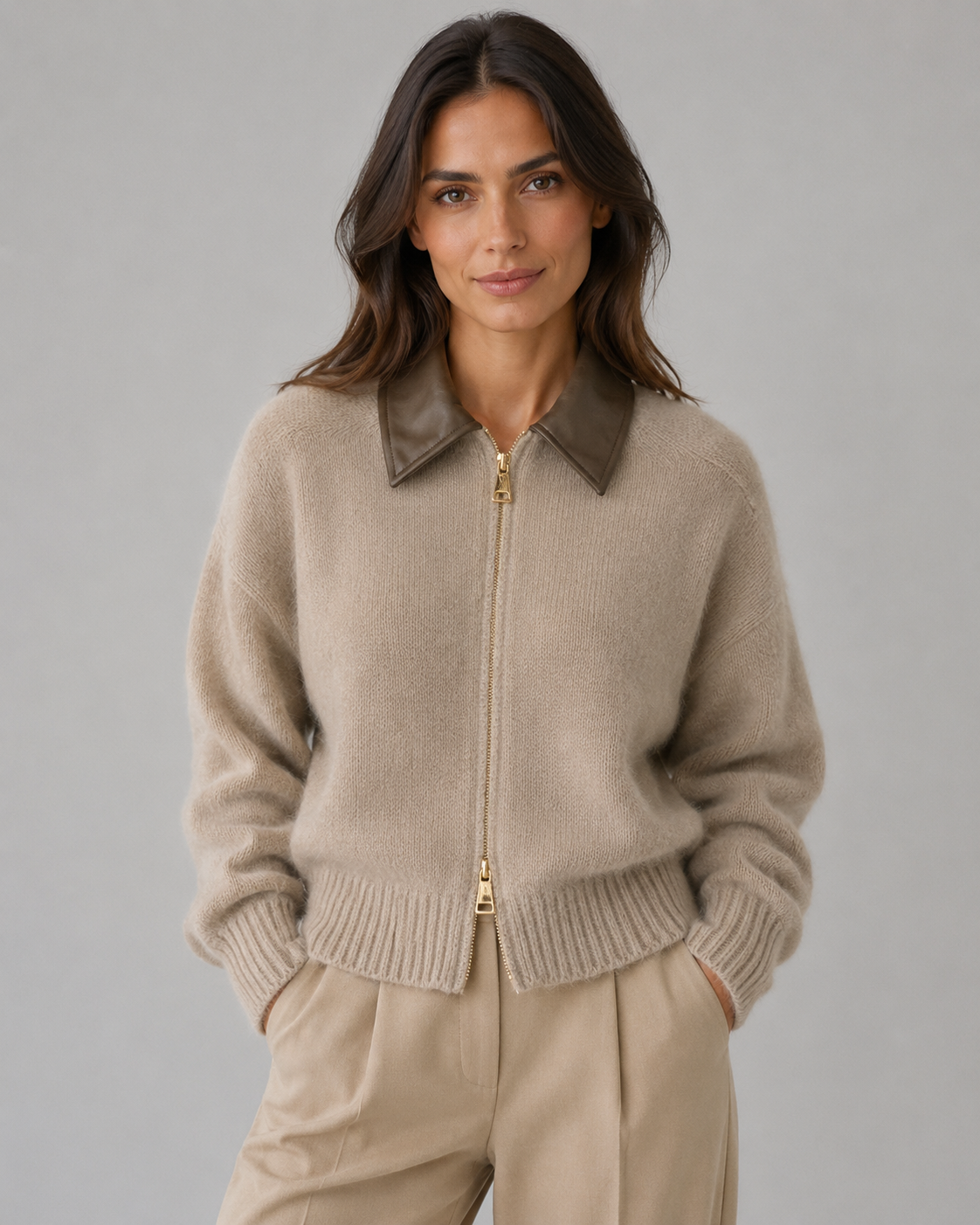 Women's Zip Cardigan - Knit Sweater with Leather Collar
