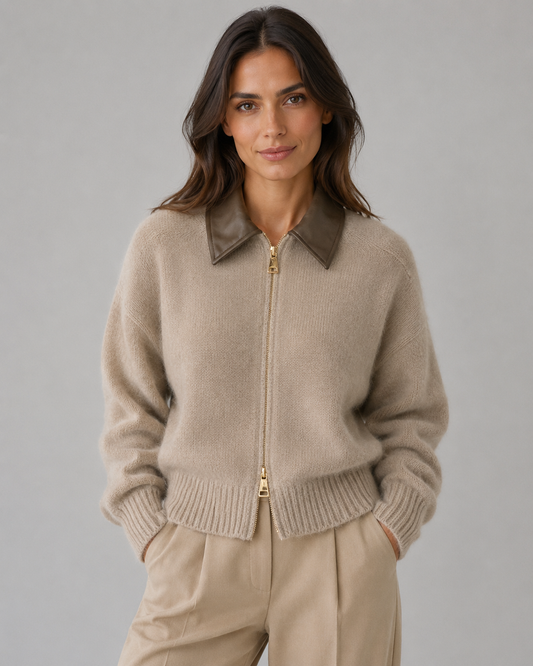 Women's Zip Cardigan - Knit Sweater with Leather Collar