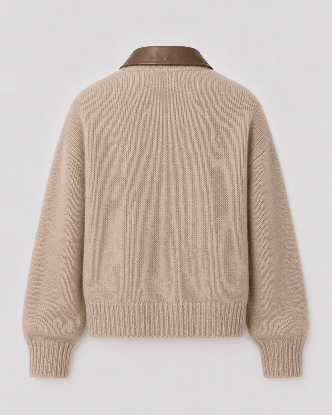 Women's Zip Cardigan - Knit Sweater with Leather Collar