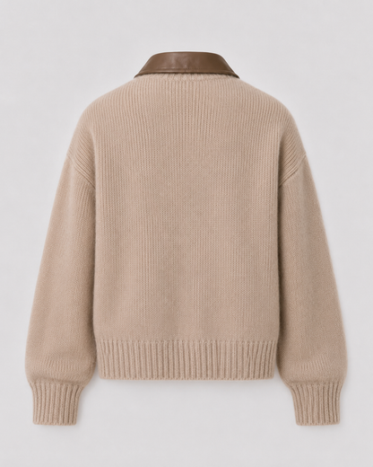 Women's Zip Cardigan - Knit Sweater with Leather Collar
