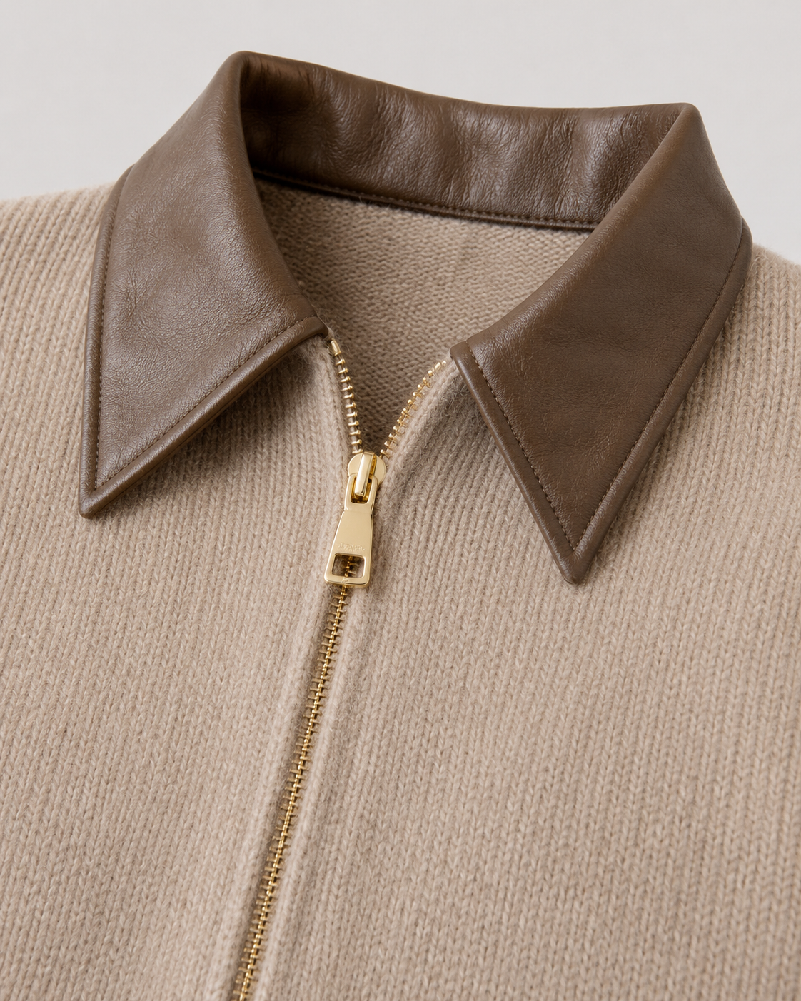 Women's Zip Cardigan - Knit Sweater with Leather Collar