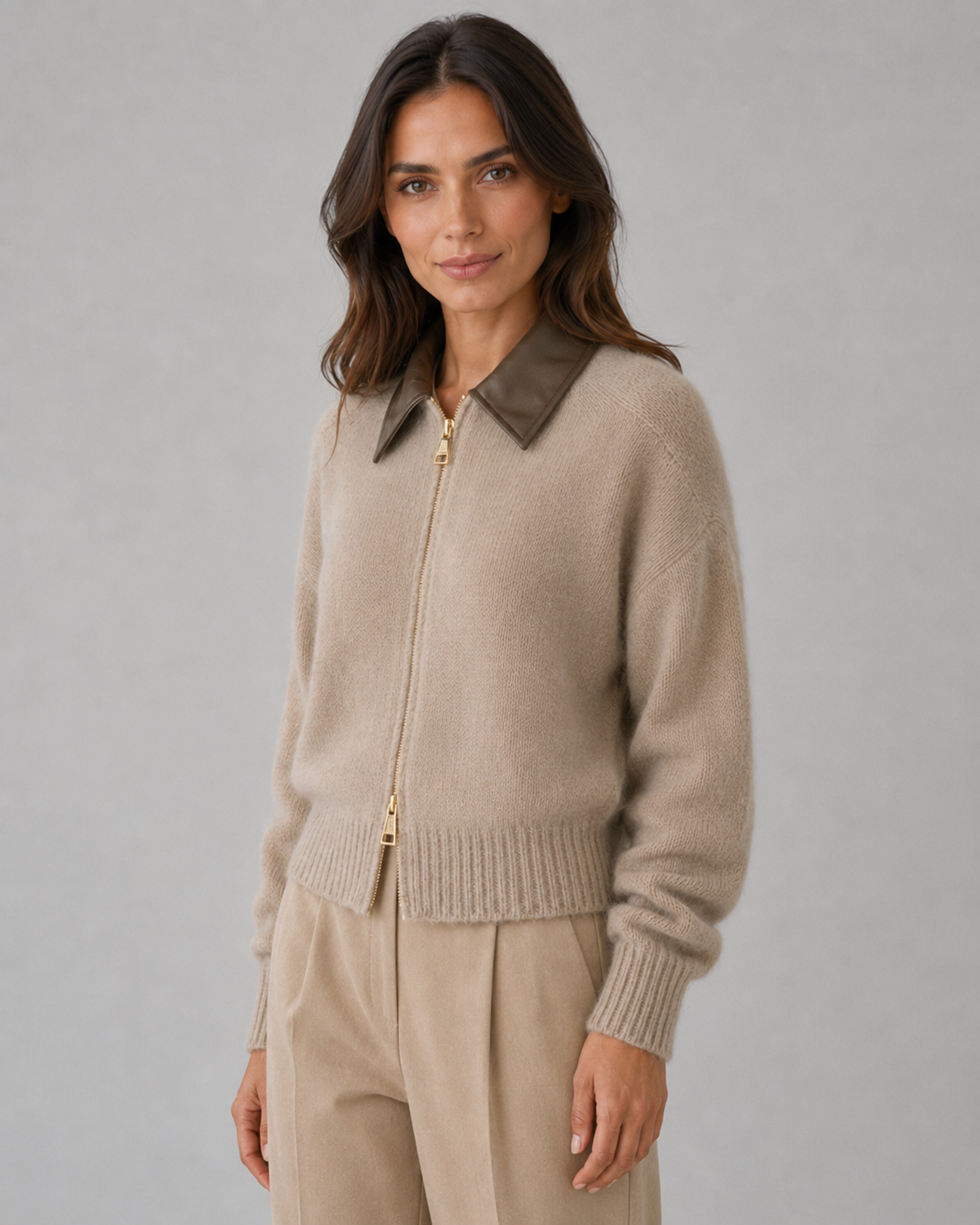 Women's Zip Cardigan - Knit Sweater with Leather Collar