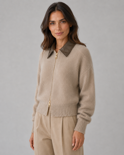Women's Zip Cardigan - Knit Sweater with Leather Collar