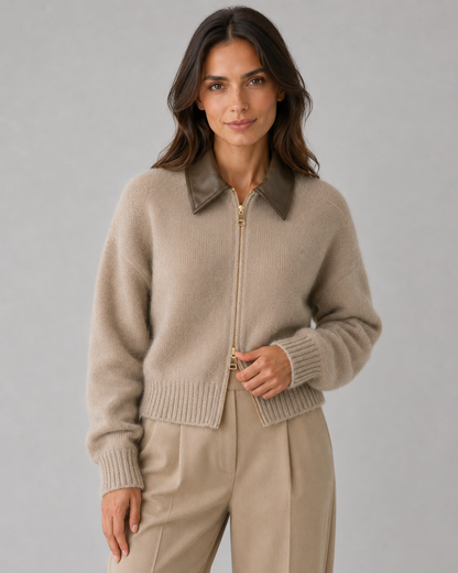 Women's Zip Cardigan - Knit Sweater with Leather Collar