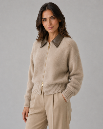 Women's Zip Cardigan - Knit Sweater with Leather Collar