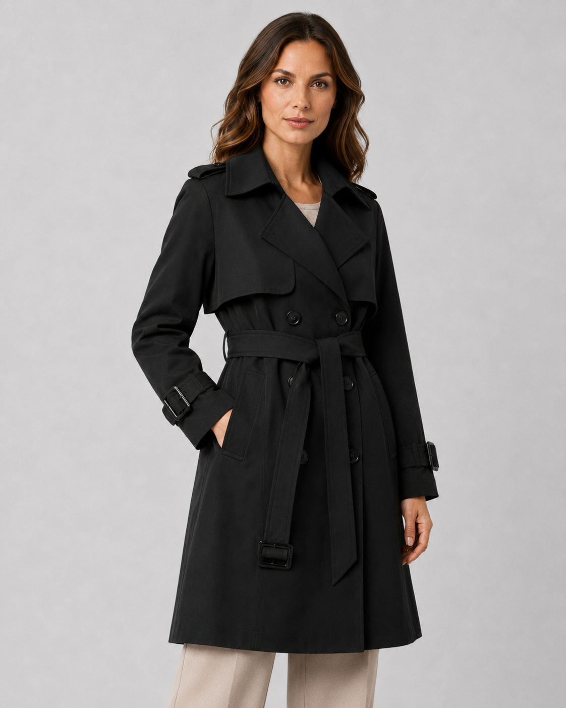 Women's Trench Coat - Long Double Breasted Belted Coat
