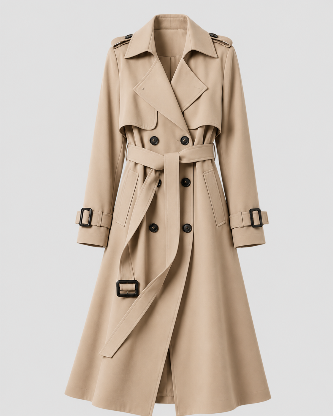 Women's Trench Coat - Long Double Breasted Belted Coat