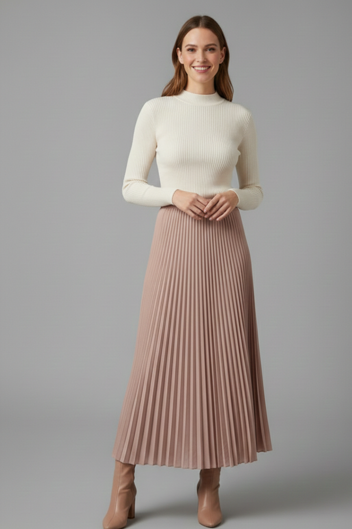 Romina | Women's Full Length Pleated Maxi Skirt with Stretch Elastic Waistband