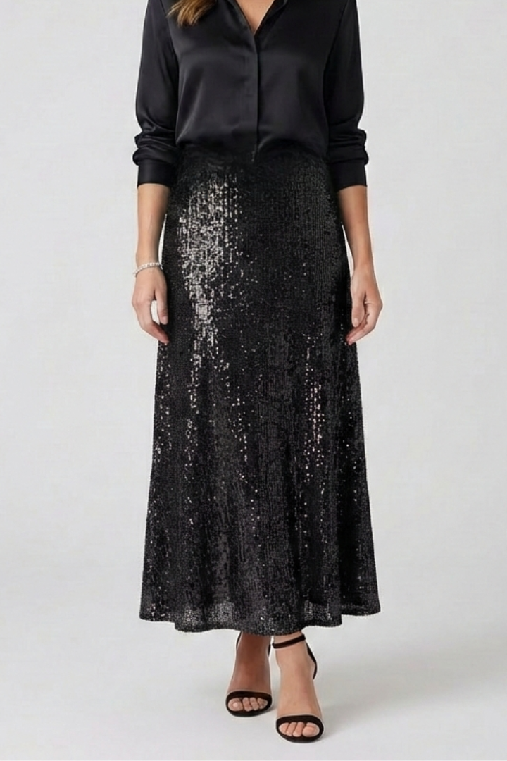 Ellarie | Glittering Fitted Sequin Long Maxi Skirt with Stretch Elastic Waistband
