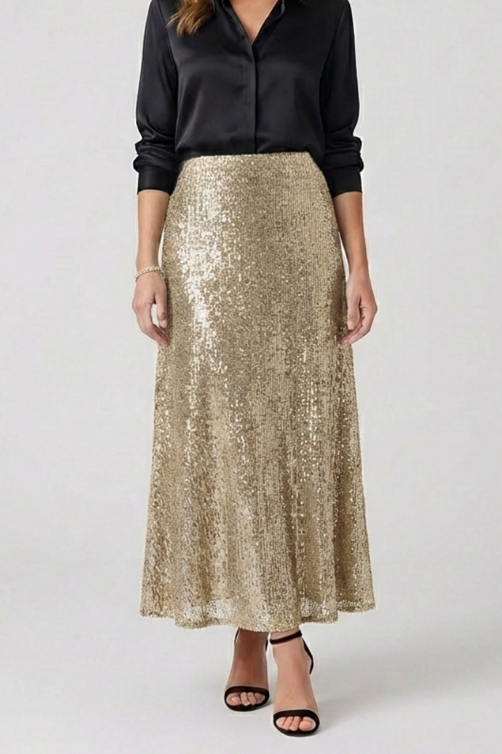 Ellarie | Glittering Fitted Sequin Long Maxi Skirt with Stretch Elastic Waistband