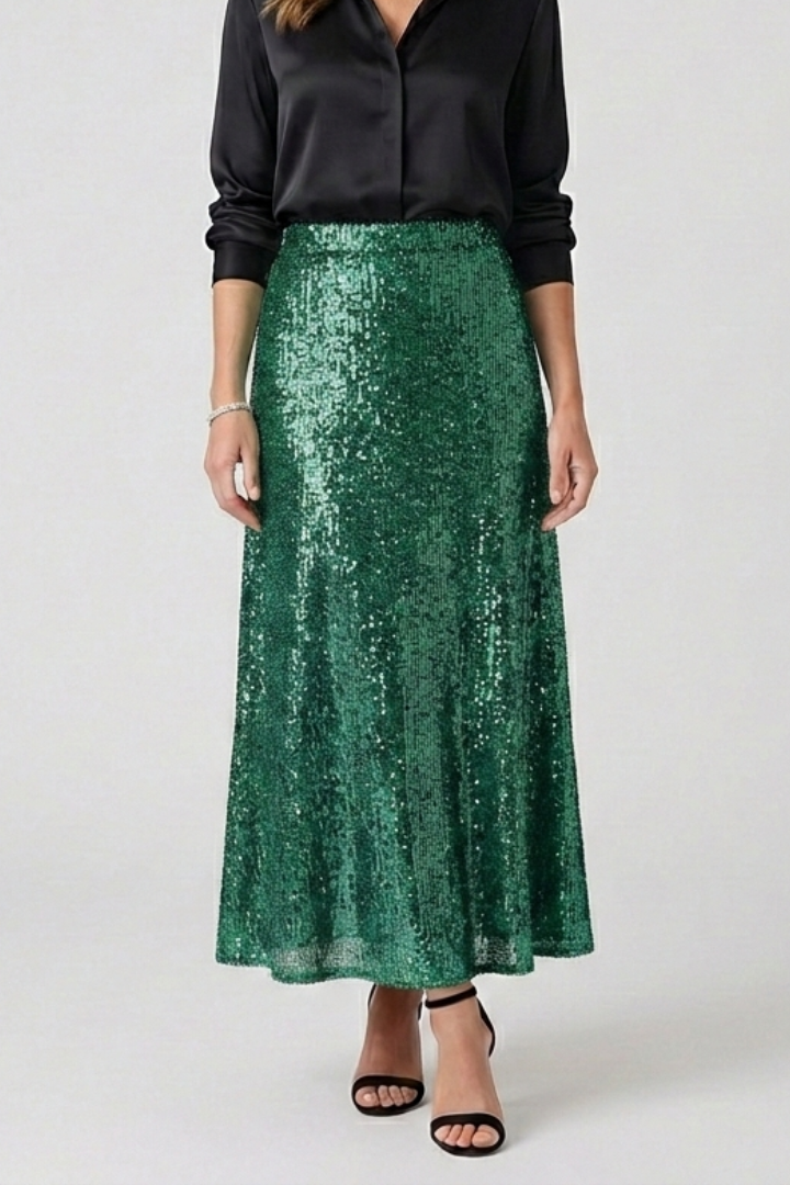 Ellarie | Glittering Fitted Sequin Long Maxi Skirt with Stretch Elastic Waistband