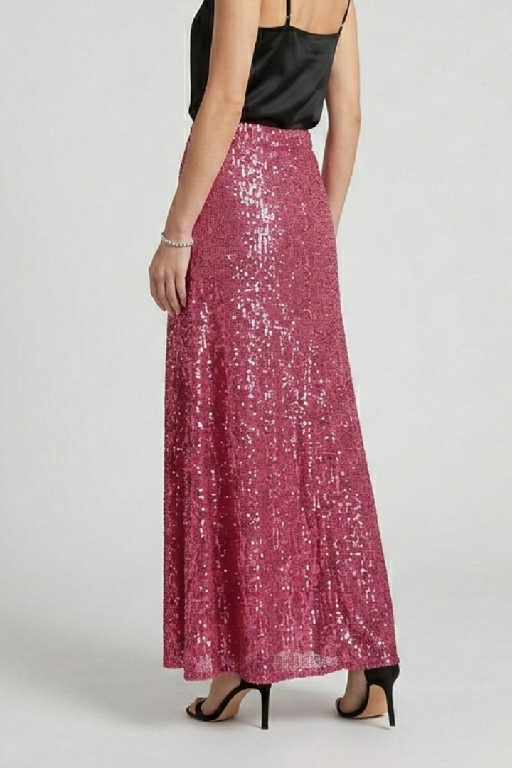 Ellarie | Glittering Fitted Sequin Long Maxi Skirt with Stretch Elastic Waistband