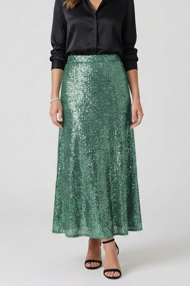 Ellarie | Glittering Fitted Sequin Long Maxi Skirt with Stretch Elastic Waistband